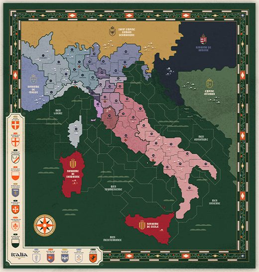 The map of Italy, the Italia 1497 game board