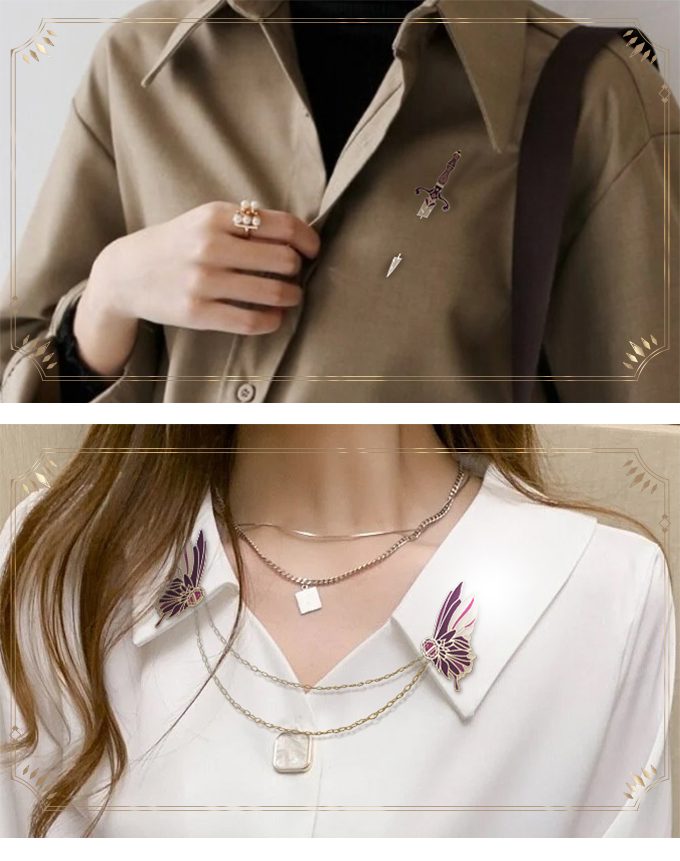 Peculiar pins worn on a coat and a collar